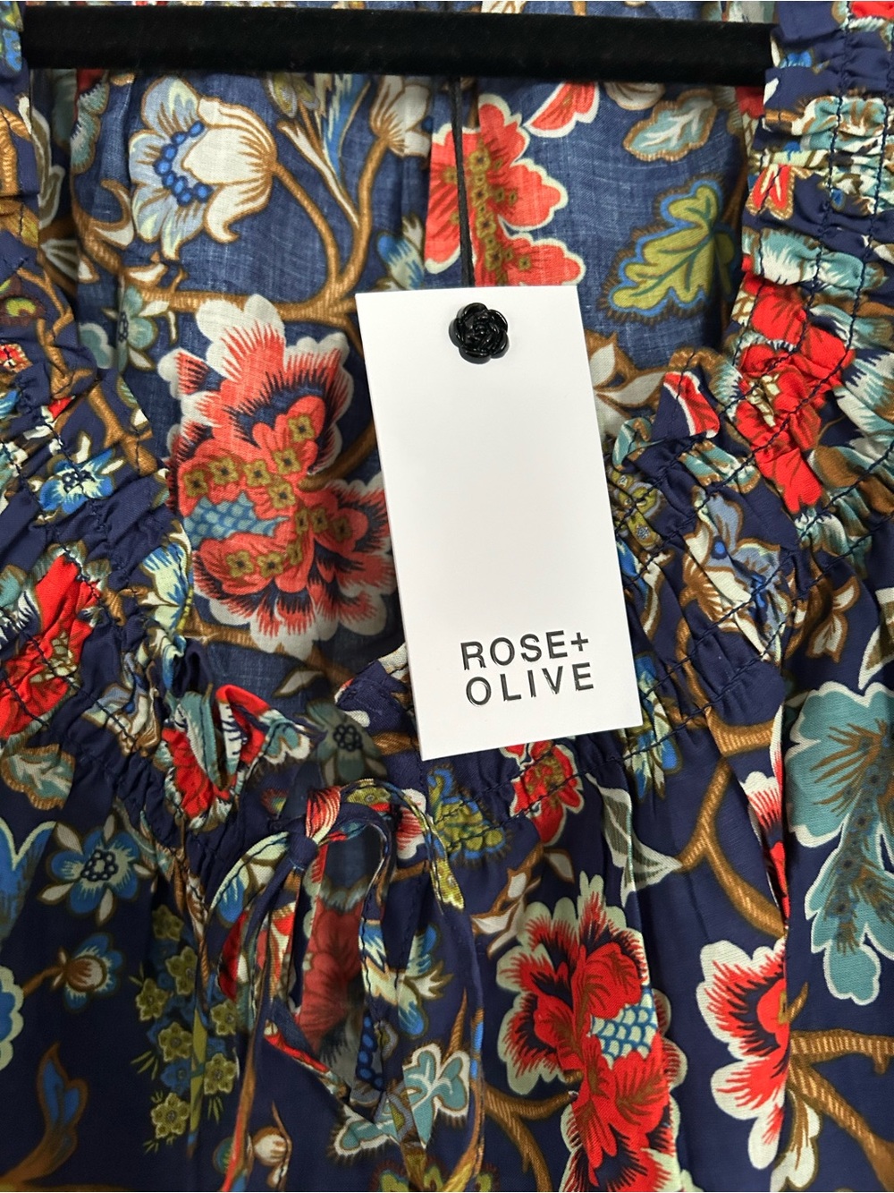 Rose & Olive Navy Floral Smocked Peasant Top with Red & Teal Blooms - Picture 2 of 4